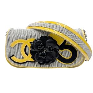 CHANEL One Shoulder Shoulder Bag Canvas Leather Gray Yellow